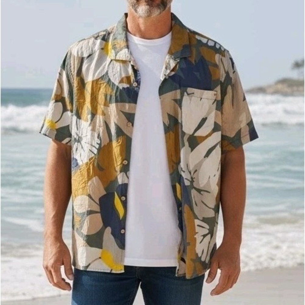 George Men's Multicolor Floral Hawaiian Tropical Short Sleeve Button-Up Shirt XL